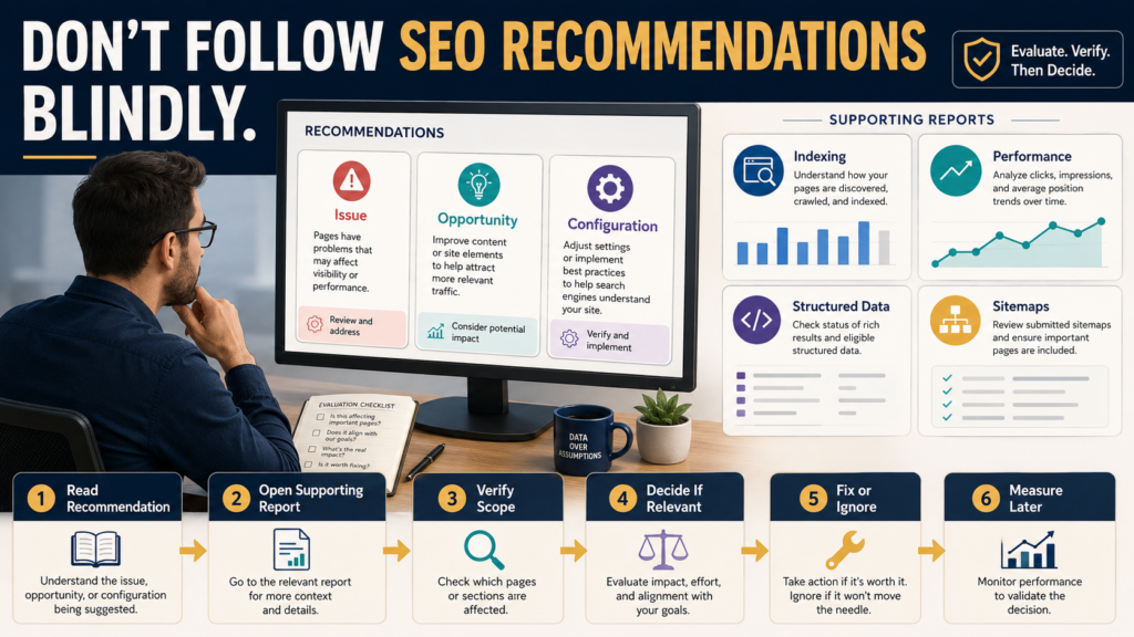SEO analyst evaluating Search Console recommendations by checking the supporting report, verifying scope, and deciding whether action is actually needed.