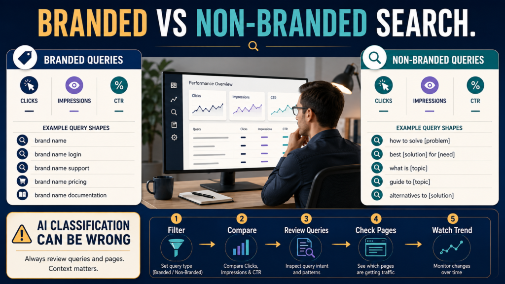 SEO analyst comparing branded and non-branded Search Console queries using clicks, impressions, CTR, pages, and trend analysis.