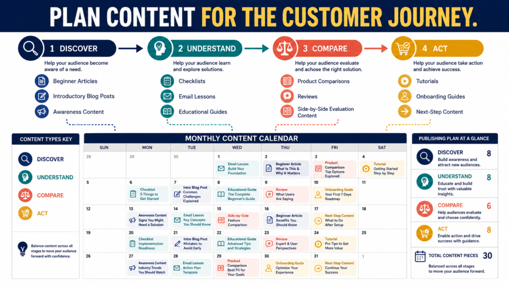 Monthly content calendar organized around customer discovery, understanding, comparison, and action stages.