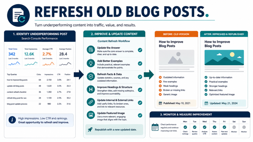 Content marketer using search performance data and an editorial checklist to update an old blog post.
