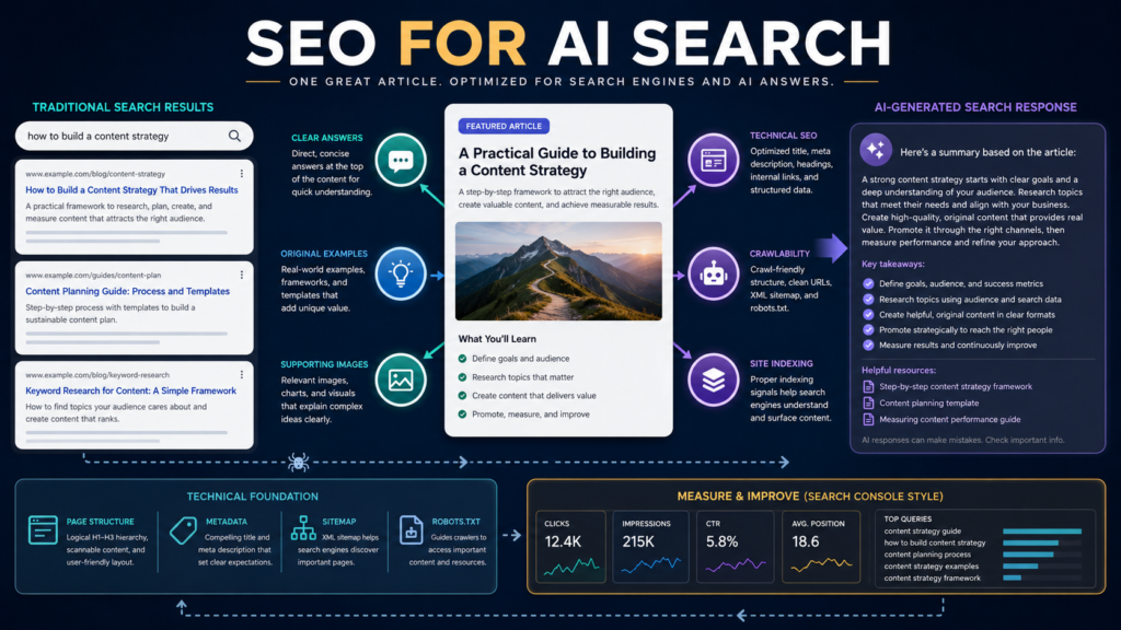 Blog content strategy connecting useful articles, technical SEO, and measurement with traditional and generative AI search.