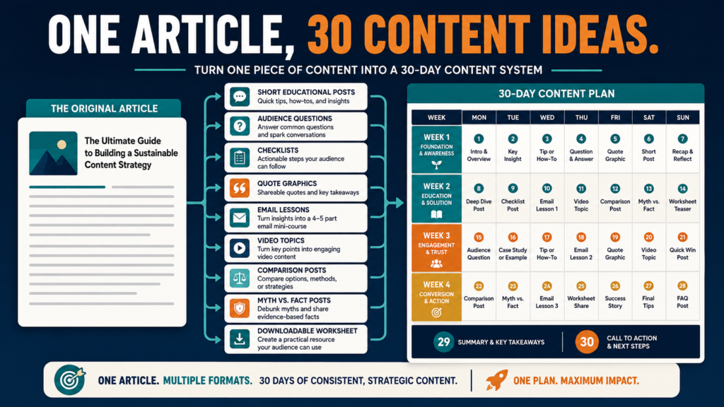 One detailed blog article being repurposed into thirty days of distinct social, email, visual, and video content.