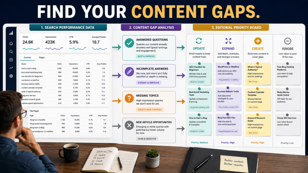 Website owner analyzing search queries and page performance to identify content updates and new article opportunities.
