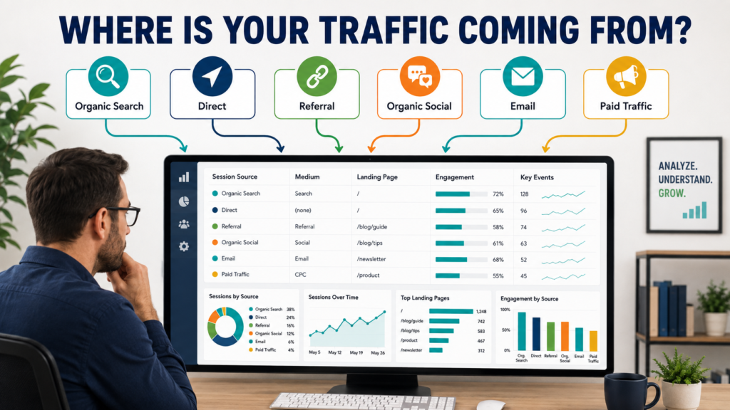 Website owner reviewing GA4 traffic channels, source and medium data, landing pages, engagement, and key events.