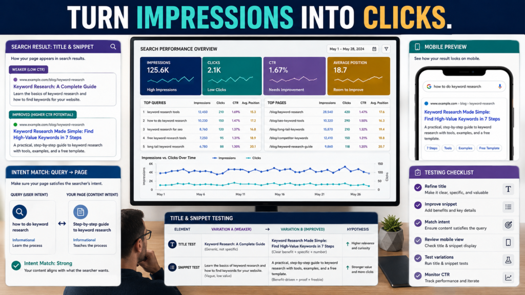 Website owner analyzing impressions, clicks, CTR, queries, titles, and search intent to improve organic search performance.