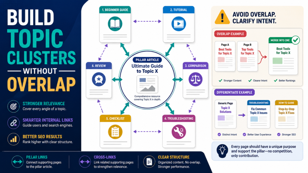 SEO topic cluster with a central pillar article linked to distinct guides, tutorials, comparisons, troubleshooting pages, checklists, and reviews.
