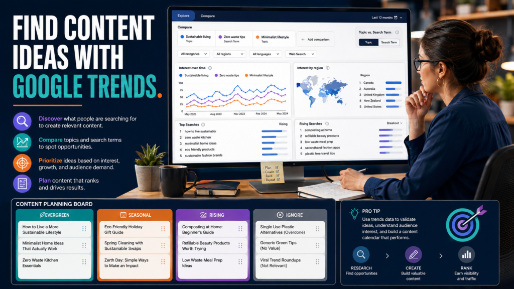 Content marketer comparing Google Trends search interest, related queries, regions, and rising topics for a content plan.
