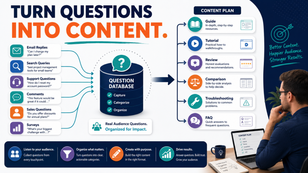 Marketer organizing audience questions from email, search, support, comments, and surveys into useful content topics.