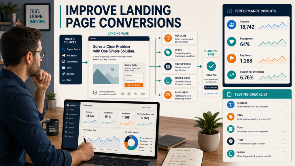 Marketer improving a lead-generation landing page using engagement data, key events, mobile testing, and a conversion checklist.