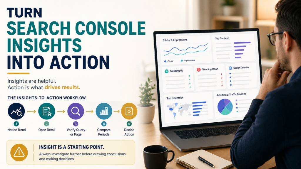 SEO analyst reviewing Search Console Insights for clicks, impressions, top content, trending pages, queries, countries, and additional traffic sources.