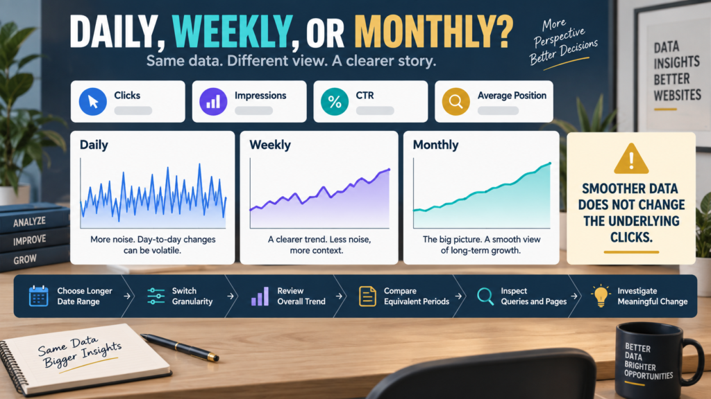 Search Console daily, weekly, and monthly time granularity comparison for clicks, impressions, CTR, position, and long-term search trends.
