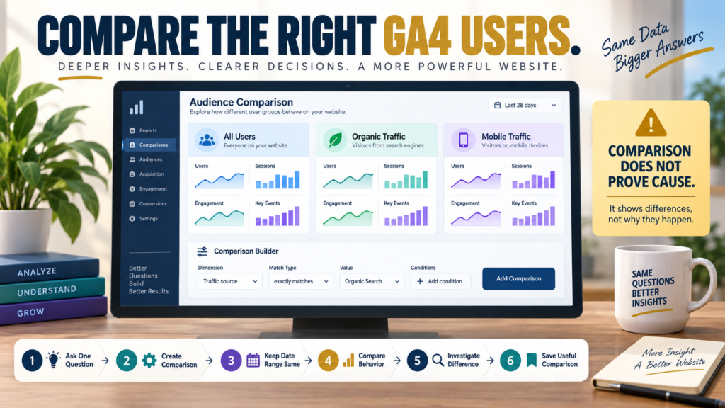GA4 comparisons showing organic traffic, mobile users, sessions, engagement, key events, dimensions, values, and report conditions.