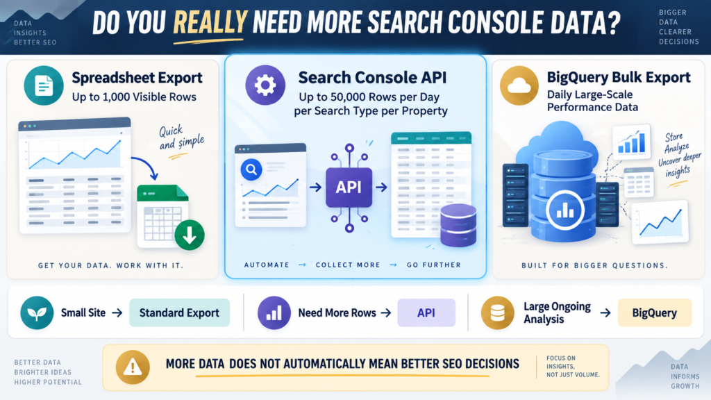 Search Console standard export, API, and BigQuery bulk export comparison showing row limits, data scale, and best use cases.
