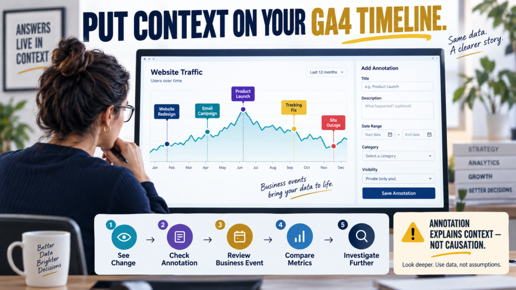 GA4 annotations marking website changes, campaigns, product launches, tracking fixes, and outages on an analytics timeline.