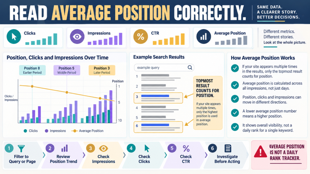 Search Console average position explained using topmost result position, clicks, impressions, CTR, and ranking trends.