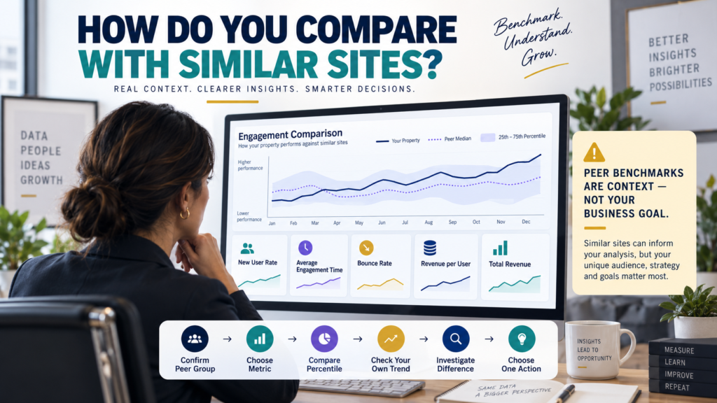 GA4 benchmarking comparing a website with peer median and 25th to 75th percentile industry performance.