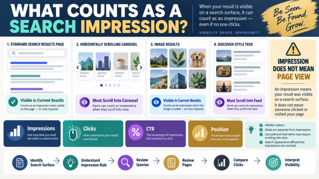 Search Console impressions explained across standard search results, carousels, image search, and scrollable feeds.