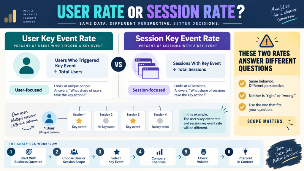 GA4 user key event rate versus session key event rate showing user-level and session-level formulas and use cases.