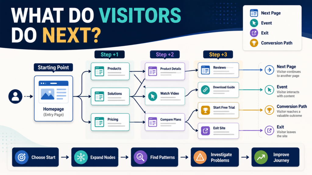 GA4 Path exploration concept showing visitor actions after a website starting page.