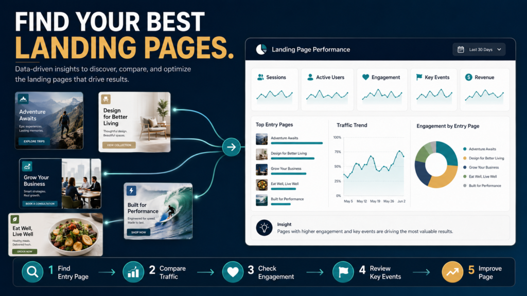 GA4 landing page analysis workflow comparing sessions, users, engagement, and key events.