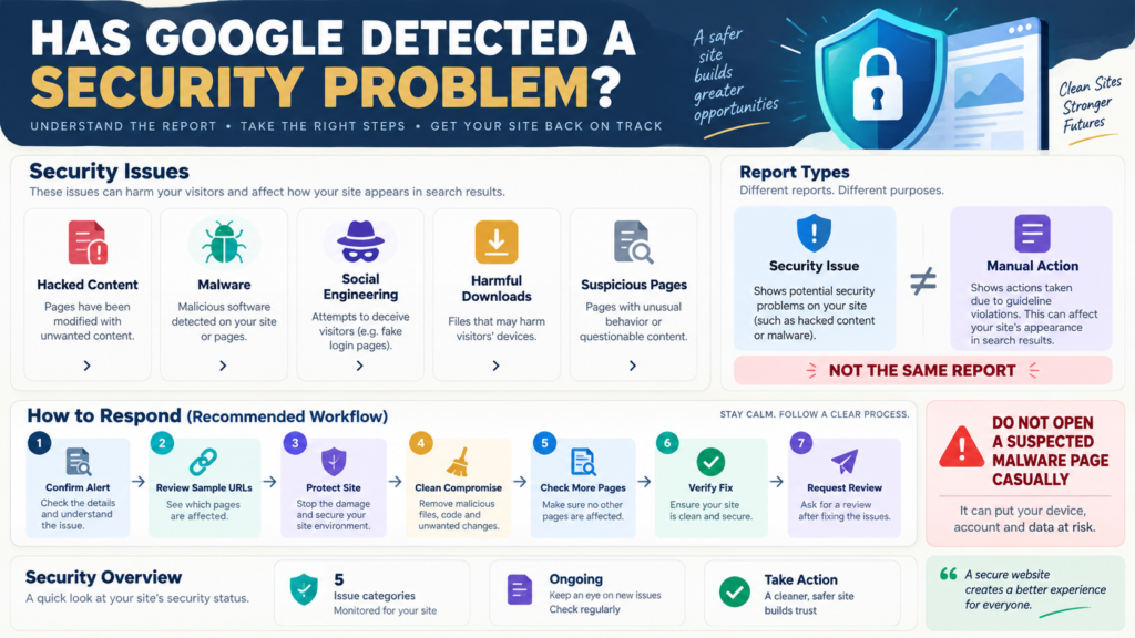 Search Console Security Issues report showing hacked content, malware, phishing, harmful downloads, affected URLs, cleanup, and review steps.