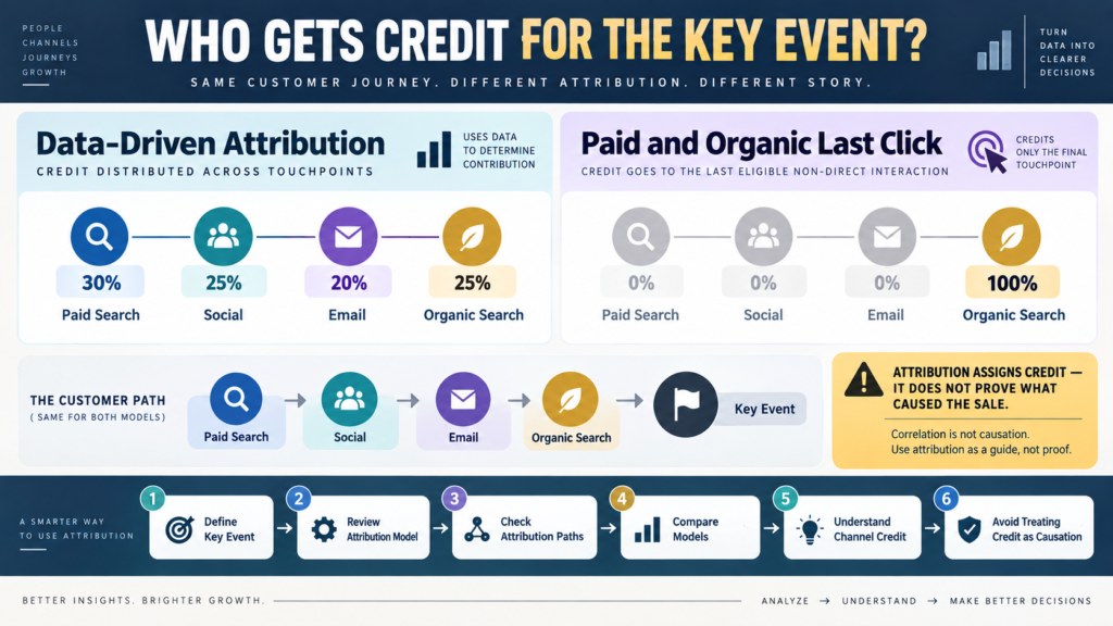 GA4 data-driven attribution versus paid and organic last-click attribution across a multi-channel customer journey.