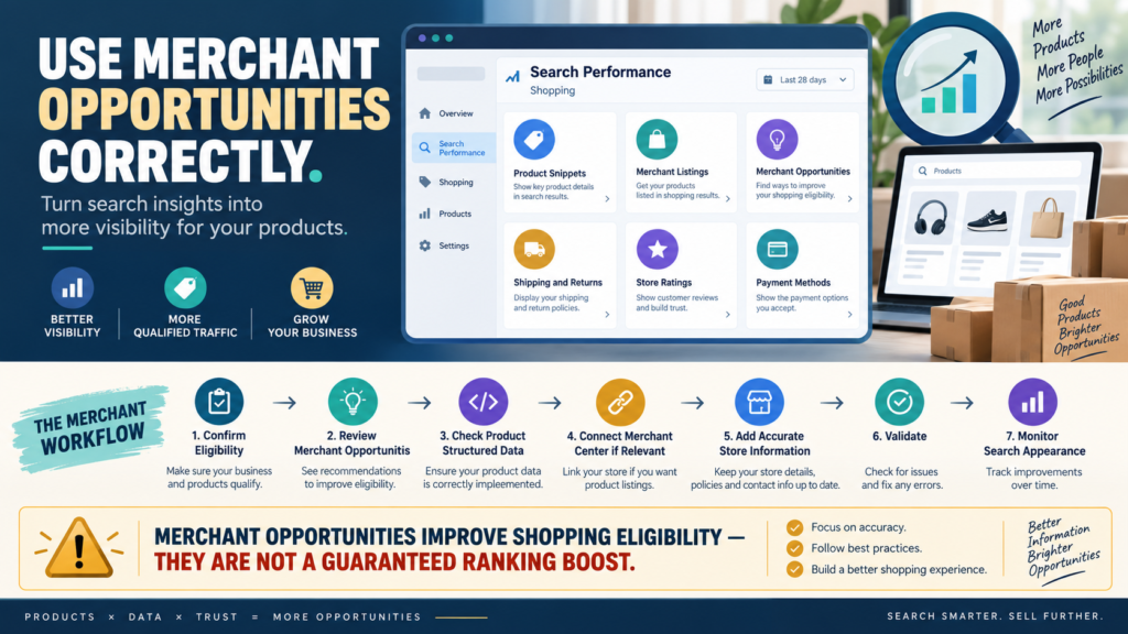 Search Console Merchant opportunities report showing product snippets, merchant listings, shipping, returns, ratings, and shopping recommendations.