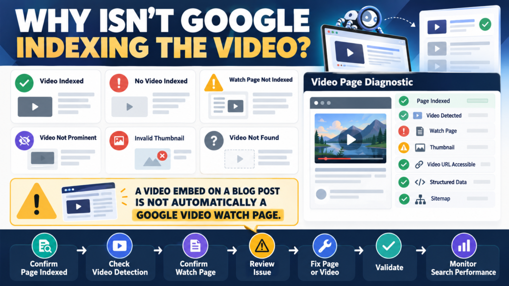 Search Console Video indexing report showing indexed videos, unindexed videos, watch-page requirements, thumbnails, and troubleshooting.