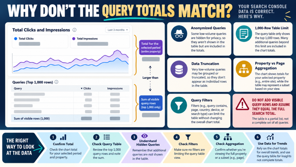 Search Console query totals discrepancy explained by anonymized queries, row limits, filtering, truncation, and aggregation.