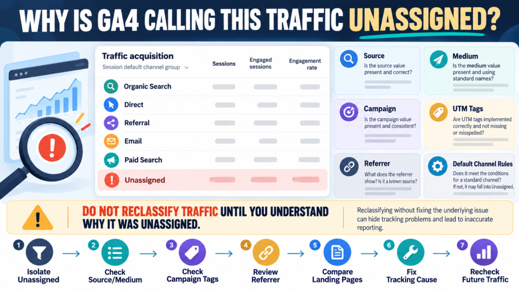 GA4 Unassigned traffic troubleshooting using source, medium, UTM tags, referrers, landing pages, and default channel-group rules.