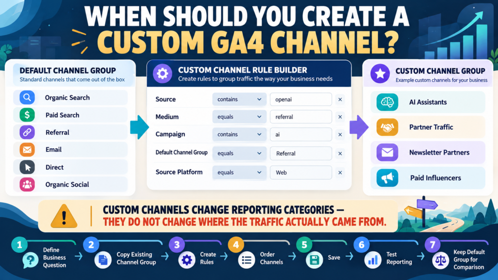GA4 custom channel groups using source, medium, campaign, default channel group, and source platform rules.