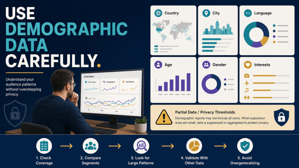 GA4 Demographic details report analyzed with privacy thresholds and incomplete demographic data in mind.