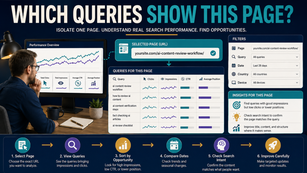 Search Console analysis showing the search queries associated with one selected webpage.