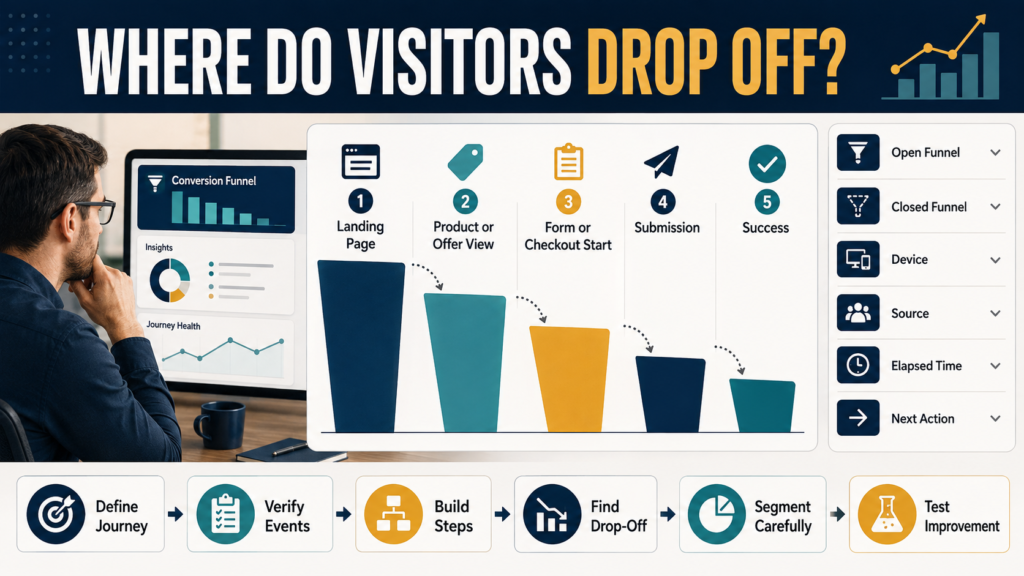GA4 Funnel exploration showing visitor drop-off between defined website journey steps.