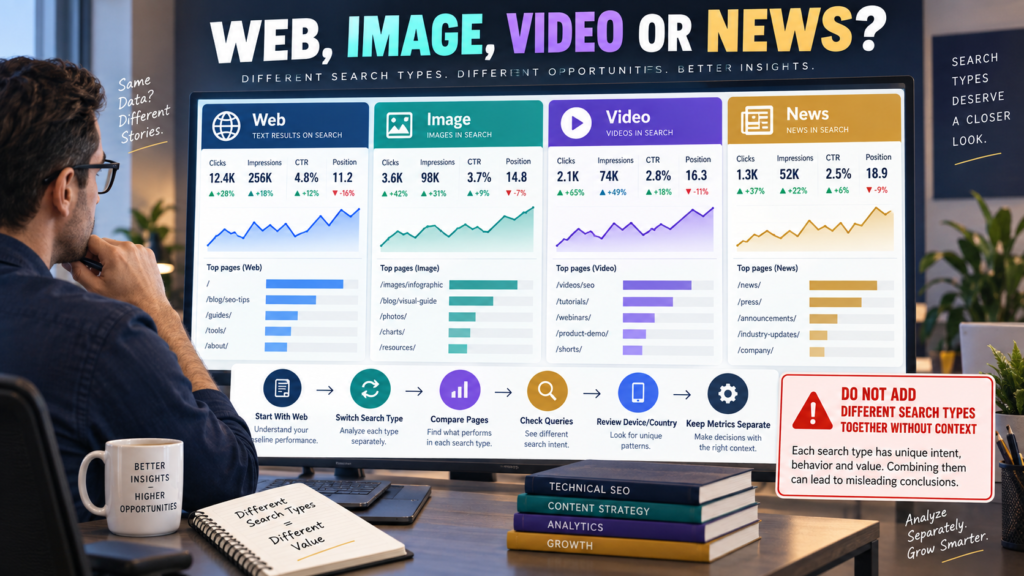 Search Console performance separated into Web, Image, Video, and News search types.