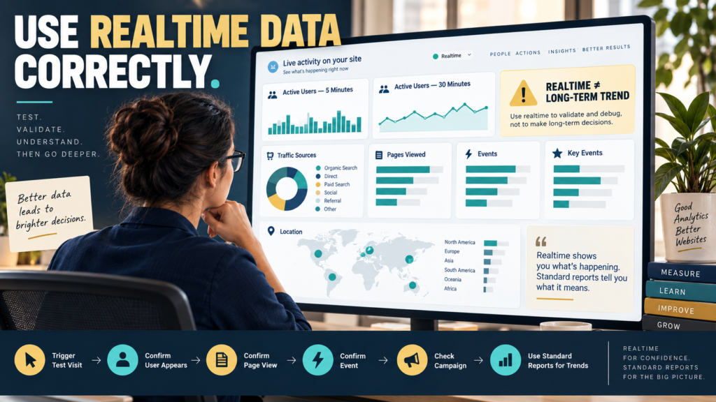 GA4 Realtime report showing active users, pages, events, traffic sources, and a warning not to treat realtime data as a long-term trend.