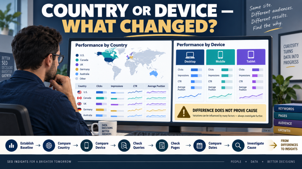 Search Console analysis comparing search performance by country and mobile, desktop, and tablet devices.