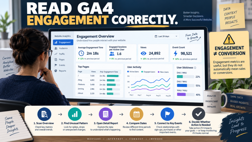 GA4 Engagement overview showing engagement time, engaged sessions, views, events, pages, user activity, and stickiness.