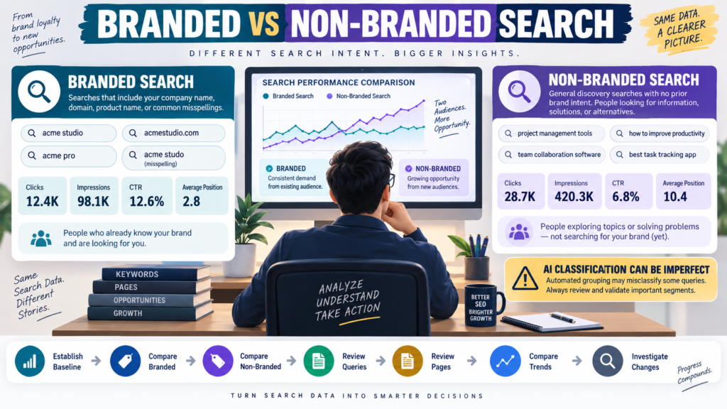 Search Console branded versus non-branded query analysis comparing clicks, impressions, CTR, position, queries, and pages.
