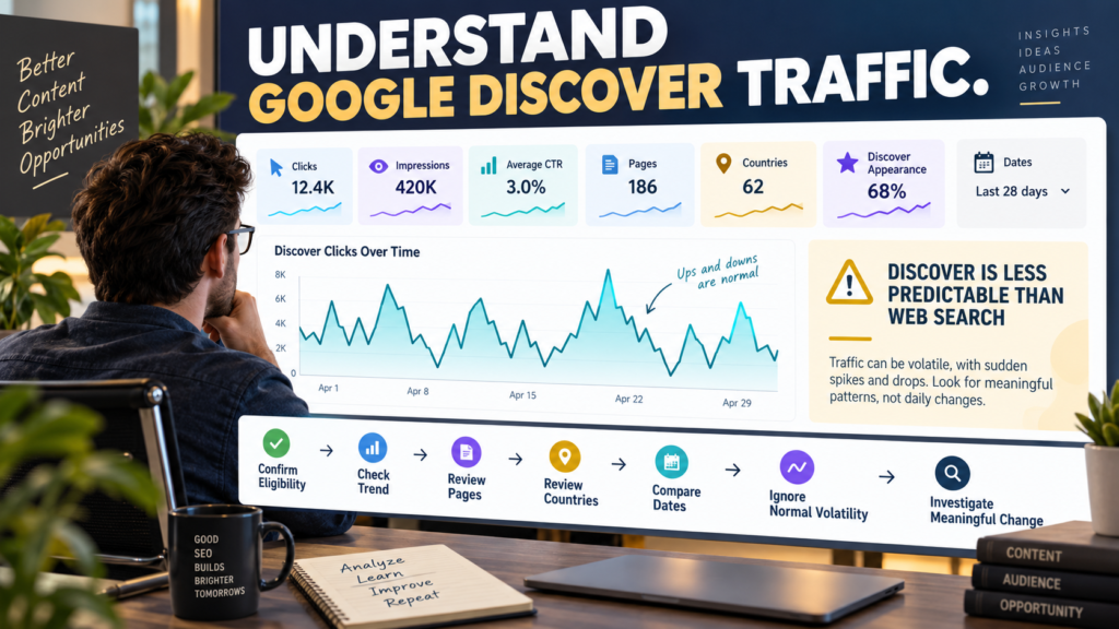 Search Console Discover Performance report showing clicks, impressions, CTR, pages, countries, appearance, and changing traffic trends.