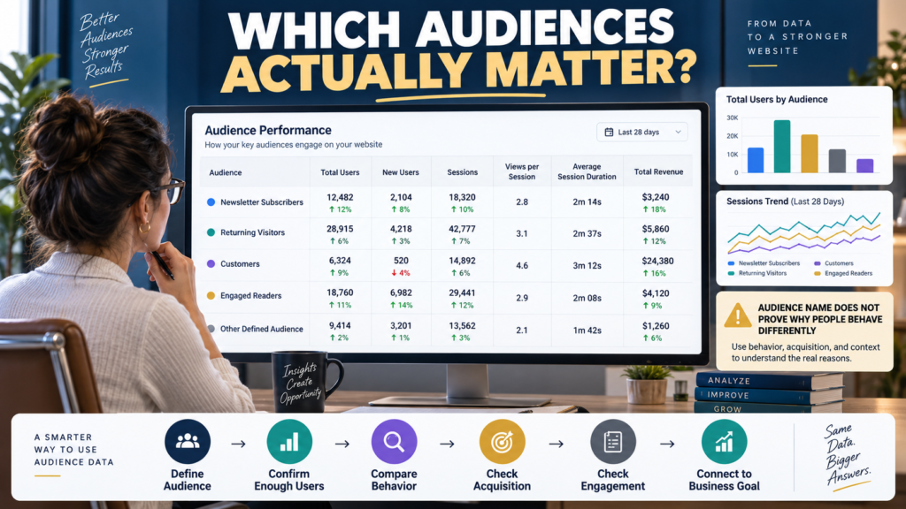 GA4 Audiences report comparing users, sessions, engagement, views, and revenue across defined audiences.