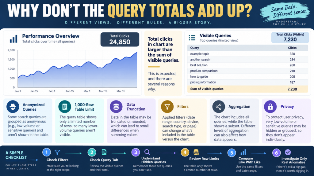 Search Console chart and query table totals differing because of anonymized queries, row limits, filters, data truncation, and aggregation.