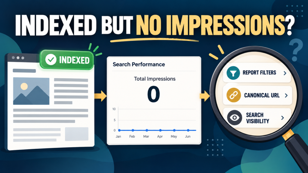 Illustration of an indexed website page with zero Google Search impressions and a diagnostic checklist for Search Console filters, canonical URLs, and visibility.