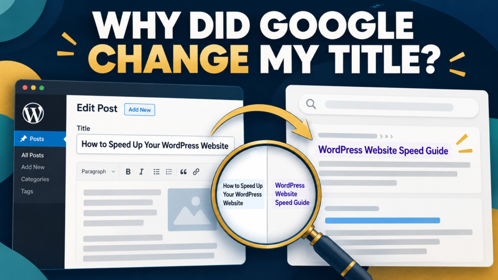 Comparison of a WordPress SEO page title and a different title link displayed in Google Search, illustrating how to diagnose title changes.