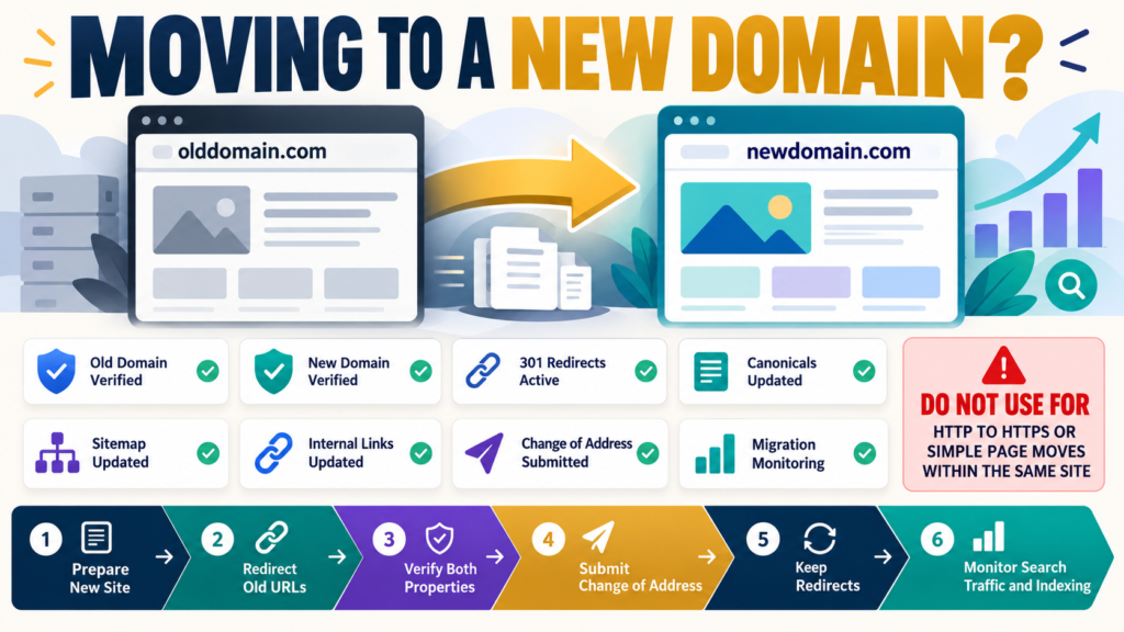 Search Console Change of Address tool workflow for moving a website from an old domain to a new domain with redirects and verification.