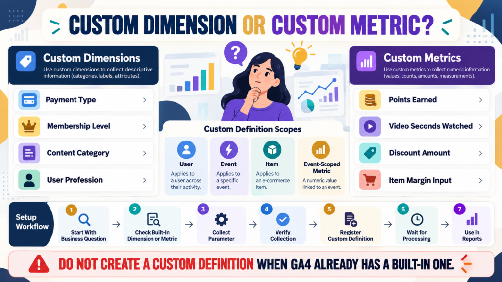 GA4 custom dimensions versus custom metrics showing categorical dimensions, numerical metrics, scopes, event parameters, and reporting workflow.